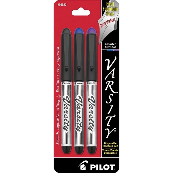 Pilot Varsity Fountain Pens, Medium Point, Assorted Ink, 3/Pack (90022) 1 Pilot Varsity Fountain Pens, Medium Point, Assorted Ink, 3/Pack (90022)