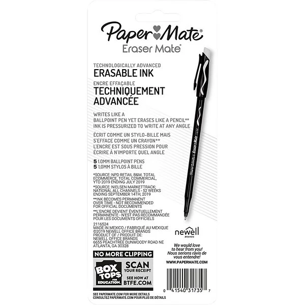 Paper Mate Eraser Mate Erasable Ballpoint Pen, Medium Point, Red Ink, 5/pk (31735) 1 Paper Mate Eraser Mate Erasable Ballpoint Pen, Medium Point, Red Ink, 5/pk (31735)