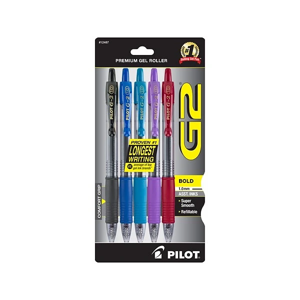 Pilot G2 Retractable Gel Pens, Bold Point, Assorted Ink, 5/Pack (G21C5002/12487) 1 Pilot G2 Retractable Gel Pens, Bold Point, Assorted Ink, 5/Pack (G21C5002/12487)