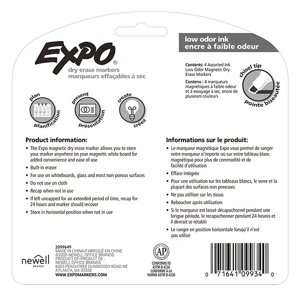 Expo Magnetic Dry Erase Markers With Eraser, Chisel Tip, Assorted, 4/Pack (1944728) 6 Expo Magnetic Dry Erase Markers With Eraser, Chisel Tip, Assorted, 4/Pack (1944728) - Image 6